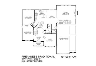 Preakness Traditional Base - High Street Estates - 1st Floor Plan. 4br New Home in Bushkill Township, PA